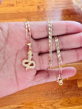 14K Gold Plated small Snake Pendant Necklace - Pavé Crystal Accent. New
